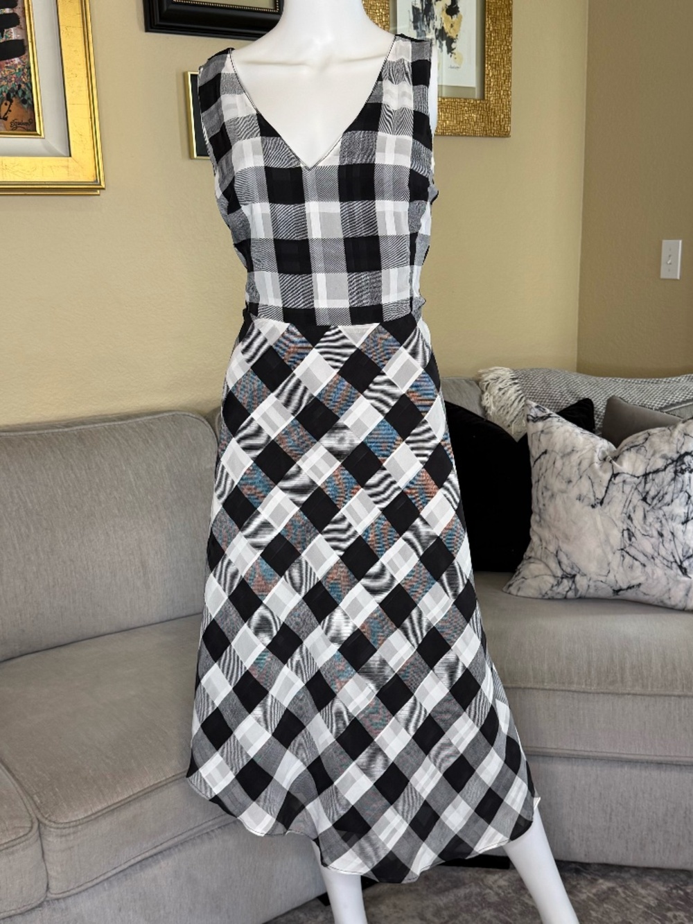 Rachel Roy Asymmetrical Side Cut-Out White & Black Plaid Dress Size 10 NWOT